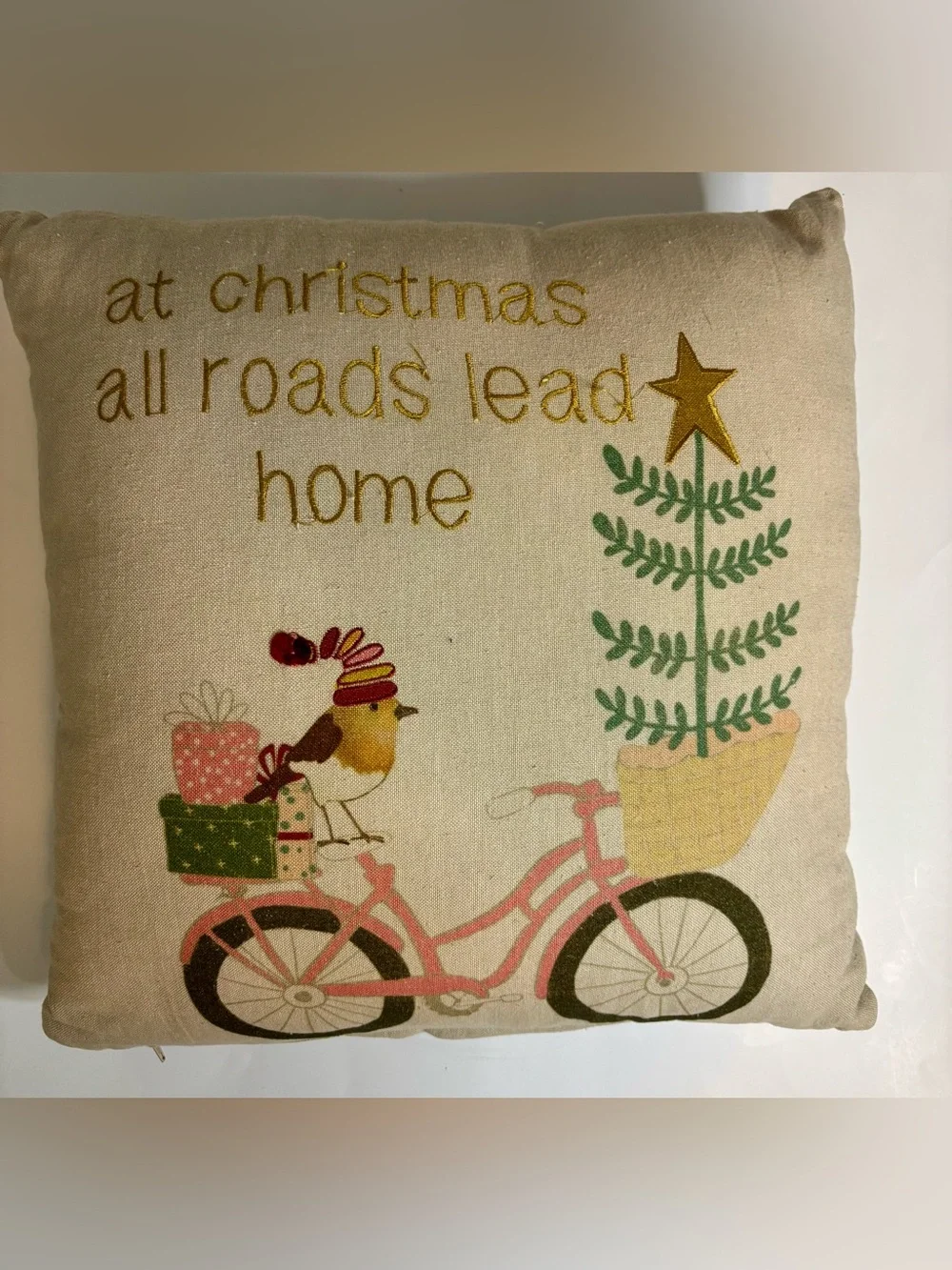 Christmas Bicycle Pillow with bird on a pink Bike with presents & Green Tree